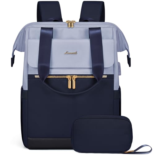LOVEVOOK Laptop Backpack for Women, 15.6 Inch Work Laptop Bag with USB Port, Fashion Teacher Nurse Backpack Purse, Waterproof Travel Computer Backpack with Organizer Bag, 2PCS, Grey Blue-Ink Blue
