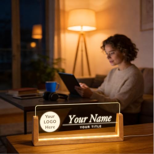 Personalized Light Up Acrylic Desk Name Plate with Walnut Base - LOGO Edition