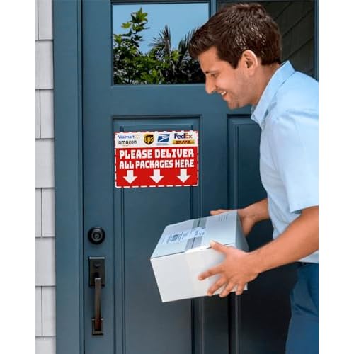 Package Delivery Metal Sign, Please Deliver All Packages Here, Waterproof & Rustproof Red Aluminum Delivery Instructions for Box House Yard Front Door Outdoor Home Use 8¡¿12 Inch
