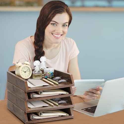 4 Pcs Wooden Letter Trays Wood Letter-Size Desk Organizer Heavy Duty 2 Tier Stackable Supports Paper Tray Desktop Drawer Organizer File Folder Magazine Office Accessories (Dark Wood)