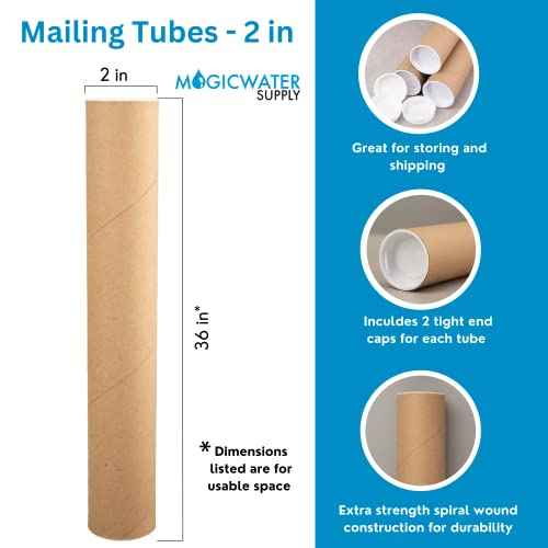 MagicWater Supply Mailing Tube - 2 in x 36 in - Kraft - 6 Pack - for Shipping and Storage of Posters, Arts, Crafts, and Documents