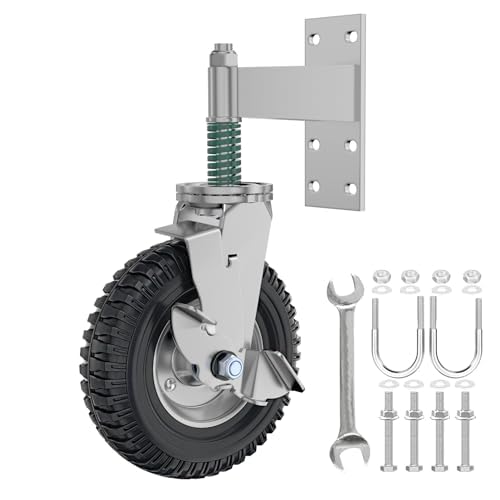 Gate Wheel with Brake, 8 Inch Wheel Diameter, 15.4 Inch Height, Suit for Metal Tube & Wooden Gates, 700lbs Capacity, Spring-Loaded Heavy Duty Rubber Casters, Silver