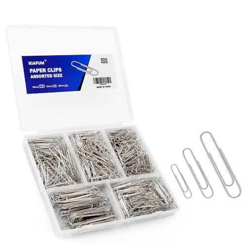 KIAFUM Assorted Paper Clips 500 Pcs - Rustproof Premium Stainless Steel Clips (Small, Medium, Large)