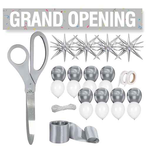 Silver Ribbon Cutting Ceremony Kit - 25 Inch Scissors for Grand Opening Satin Ribbon Silver Star Balloons and Grand Opening Banner for Inaugurations Special Events Ceremonies
