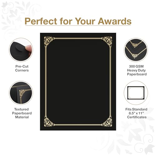 BELLE KR Black Certificate Holders (100 Pack) Gold Foil Border, 12.2 x 9.5 Inches