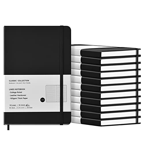Coopay 12 Pack A5 Journal Notebooks Bulk, 160 Pages, 100GSM Thick Paper, 8.3 x 5.5 inch Hardcover Lined Leather Journals for Writing Office School Business,Bulk Notebook for Work Men Women (Black)