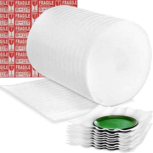 Moving Supplies, Foam Wrap Roll 16" Wide x 160' Length, For Protecting Fragile Articles,Furniture,Transportation Packing,Stuffing of Carton,with 60 Fragile Stickers (16"160')
