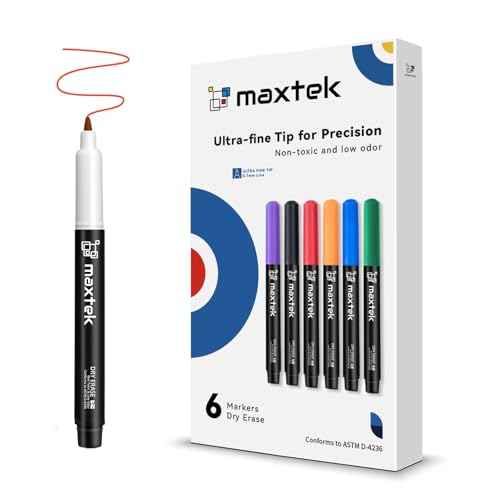 maxtek Dry Erase Markers Ultra Fine Tip, 0.7mm, Low Oror, Extra Fine Point Dry Erase Markers for Planning Whiteboard, Calendar Boards, 6 Count