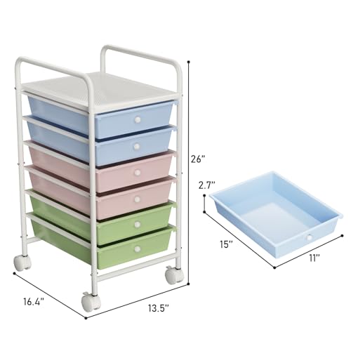 Metal 6 Tier Rolling Cart with 6 Drawers,1 Table Top & 4 Wheels, Utility Grocery Craft Cart on Wheels for Classroom, Office, Bathroom, Kitchen, Bar, Home Storage and Organization, Dorm Room Essentials