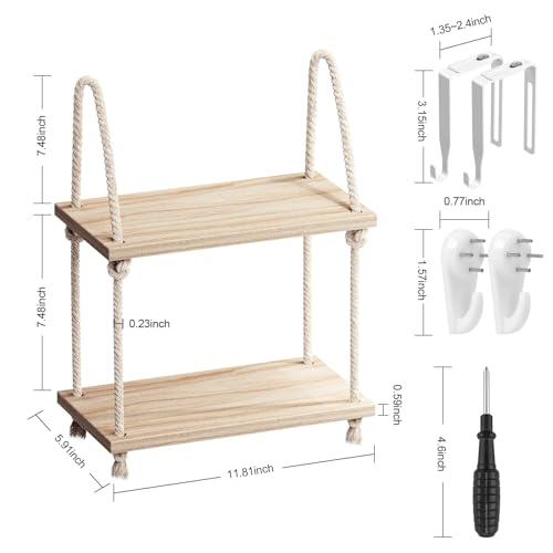 2-Tier Wooden Wall Shelf for Cubicles with Hooks & Rope - Office Storage Organizer