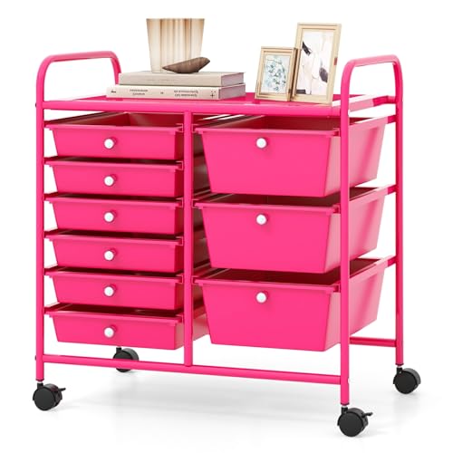 Moccha 9-Drawer Rolling Storage Cart - Hot Pink, 2 Large 3 Small Drawers, Under-Desk Mobile Organizer