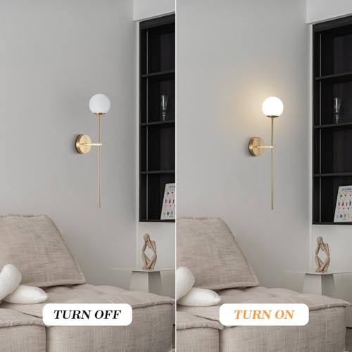 BOKT Mid Century Modern Long Wall Sconce Brushed Brass Bathroom Vanity Wall Sconce Lighting Small Gold Globe Wall Light White Glass Sphere Wall Lamp Antique Brass Wall Lighting