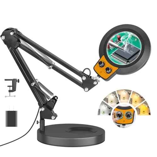 12X Magnifying Glass with Light and Stand, Infinite Color Modes & Stepless Brightness LED Magnifying Lamp with Clamp, 2-in-1 Hands Free Lighted Magnifier for Craft Reading Painting Hobby Close Work