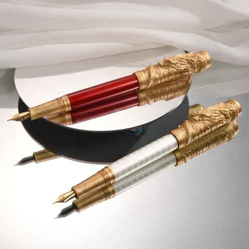 Hongdian A24 Fountain Pen Fine Nib, Bright Red & Golden Dragon Stereoscopic Carving Cap Design