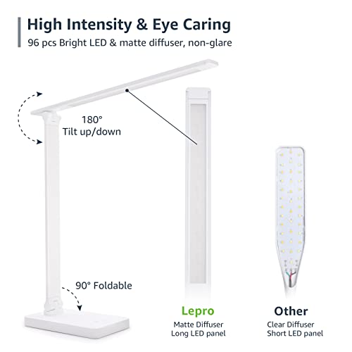 Lepro LED Desk Lamp with USB Charging Port, 700LM Dimmable Home Office Touch Control Reading Table Lamp,5 Color Modes with 5 Brightness Level, Dorm Room Essentials, Task Lamp, Sewing, Crafting, White