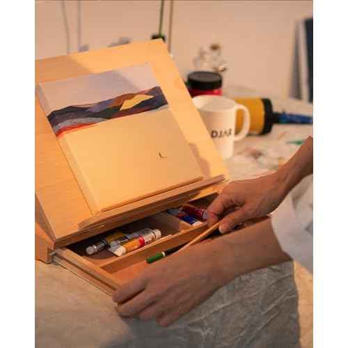 DJAR Adjustable Tabletop Art Easel ? Beechwood Desktop Sketch Easel Box with Storage Drawer & Palette, Drawing, Sketching, and Painting, Hold Canvas up to 11" x 14", Natural