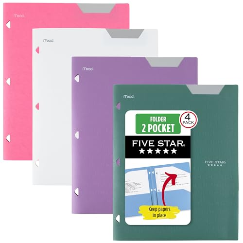 Five Star 2-Pocket Plastic Folder with Stay-Put Tabs - Assorted Colors, 4 Pack (Green, Purple, White, Pink)
