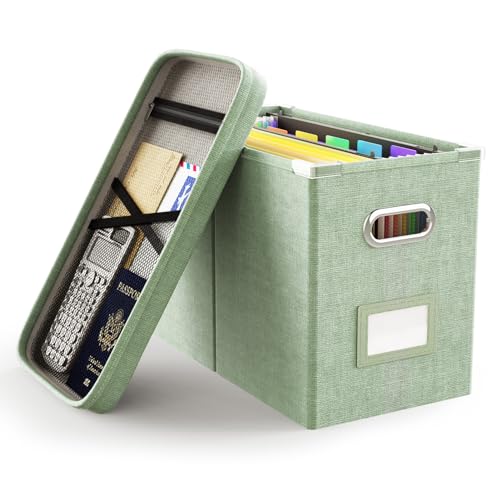 Oterri Green File Organizer Box with Lid, Mesh Pocket & Handles, Letter Size, Portable Storage