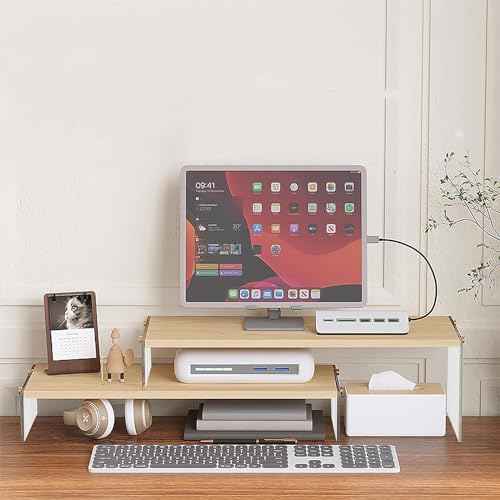 YGYQZ Wood Adjustable Monitor Riser for Desk, 2 Tier Dual Monitor Stand with Acrylic Legs Office Desk Shelf Organizer for Laptop, PC, Printer, Computer (wood-wavy)