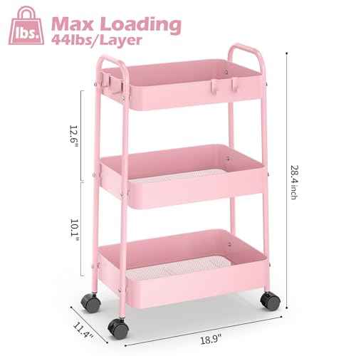 TOOLF Metal Utility Cart£¬3 Tier Rolling Cart wth 4 Hooks Storage Cart on Wheels Craft Cart with Handle for Organizer Storage for Classroom Office Dorm Home Pink