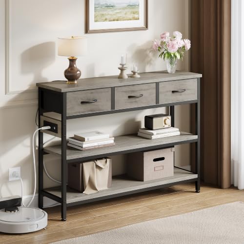 Entryway Console Table with Outlets & 3 Fabric Drawers, 43 in Grey