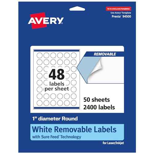Avery Matte White Removable Round Labels, Sure Feed Technology, Print-to-The-Edge, 1" Diameter, 2,400 Removable Labels, Laser/Inkjet Printable