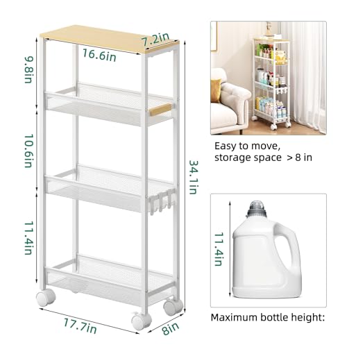 TIPGO 4-Tier Slim Utility Rolling Laundry Cart with Wheels, White, 7.2"