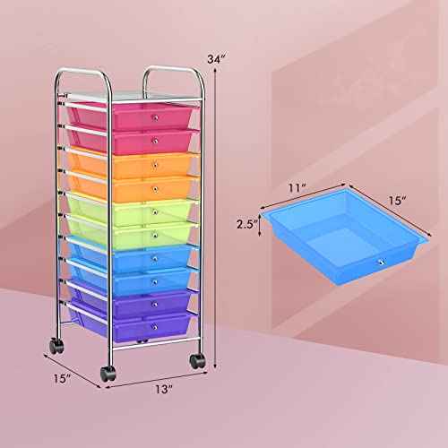 Storage Cart, Rolling Utility Cart with 10 Drawers, Portable Handles & Lockable Wheels, Mobile Paper Toys Storage Organizer Large Capacity for Home Office School Teacher (Rainbow)