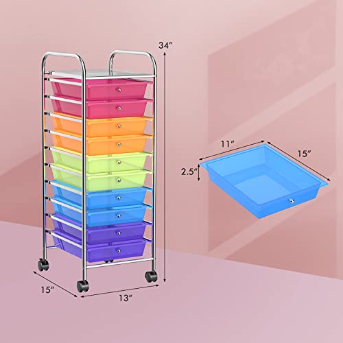 COSTWAY Rainbow 10-Drawer Mobile Storage Cart 13x15x34 Inches