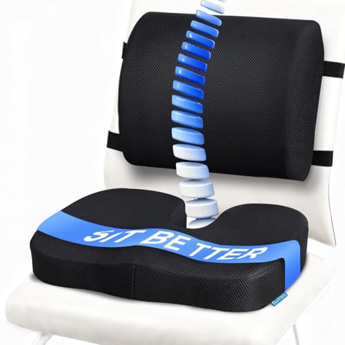 Seat Cushion & Lumbar Support Pillow for Office Chair, Car, Wheelchair Memory Foam Desk Chair Cushion for Sciatica, Lower Back & Tailbone Pain Relief Desk Pad with Adjustable Strap 3D Washable Cover