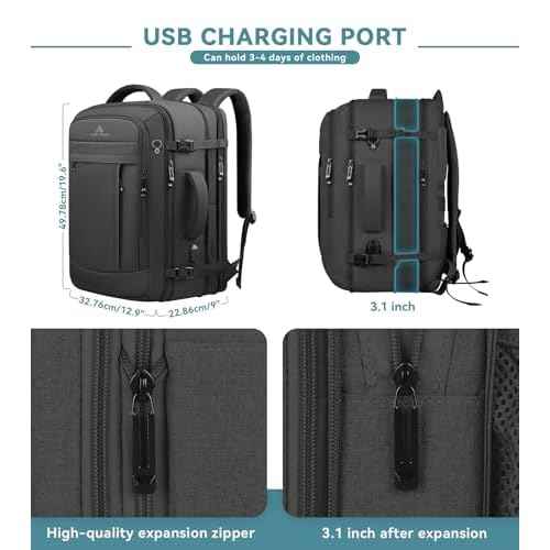 Travel Backpack, 50L Expandable Extra Large Laptop Backpack, Carry On Backpack Water Resistant Business Suitcase Daypack Bag Fits 17 Inch Laptops, Travel Gifts for Men Women, Black