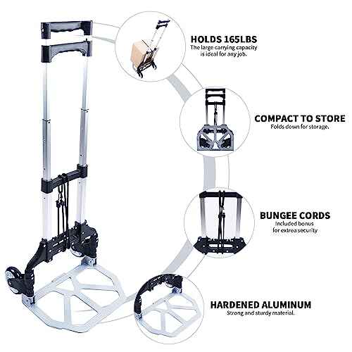Folding Hand Truck and Dolly,165 lb Capacity Aluminum Portable Cart Foldable 2 Wheel Dolly with Telescoping Handle