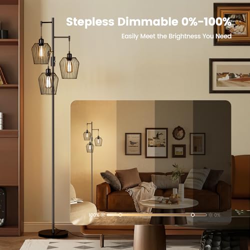 Dimmable Floor Lamp, Farmhouse Industrial Floor Lamp with Elegant Cage & 3 x 1000LM LED Bulbs, Tall Standing Lamp Black Tree Floor Lamps for Living Room Bedroom Office
