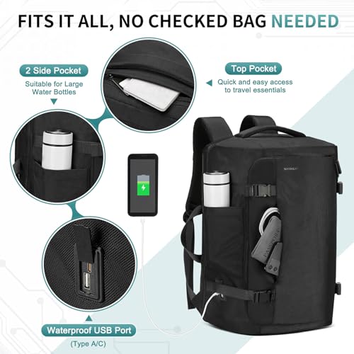 40L Travel Backpack, TSA Friendly Flight Approved Carry on Backpack for Men Women, Fits 17.3 Inch Laptop with USB-A&C Ports, Weekender Bag, Black