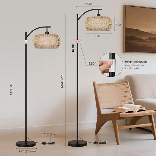 ROTTOGOON Rattan Floor Lamps for Living Room, Boho Standing Lamps with Rattan& Linen Double Shades, Arc Lamps Floor Standing with 9W Bulb, Foot Switch, Bohemian Floor Lamps for Bedroom, Office-Black
