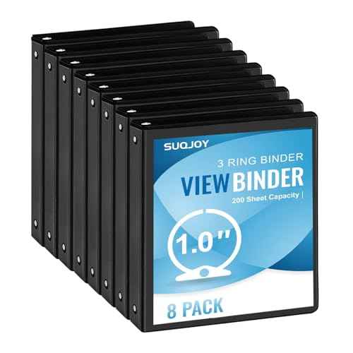 1-inch 3-Ring Binder, 1" Round Ring Binder with 2 Inside Pockets, 8 Pack Black Binders, Clear View Cover, Holds 8.5'' x 11''Paper for Office/Home/Back to School