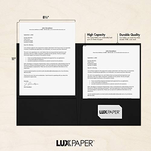LUXPaper 9" x 12" Presentation Folders | Two Pocket | Front Cover Card Slits (Lower Right) | Deep Black Linen | 100lb. Cover | 25 Qty