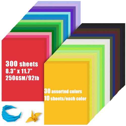 300 Sheets Colored Cardstock Bulk, 30 Assorted A4 Card stock Paper 250gsm Colorful Card Stock, 8.3 x 11.7 Thick Double Sided Printed Cardstock for DIY Art Craft Scrapbooking Making School Party