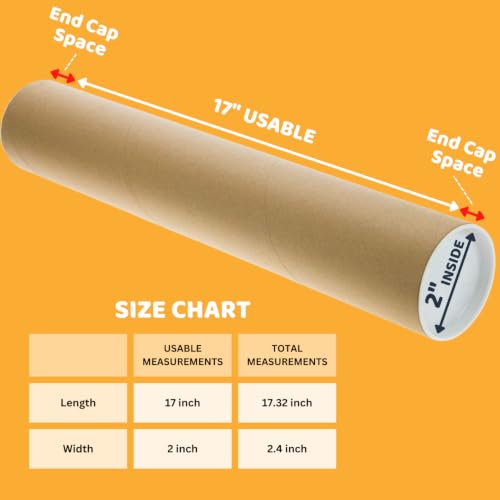 SAVUK Kraft Mailing Tubes with Plastic Caps - 2 x 17.32 Inch, Heavy Duty, Model SAVUK-212