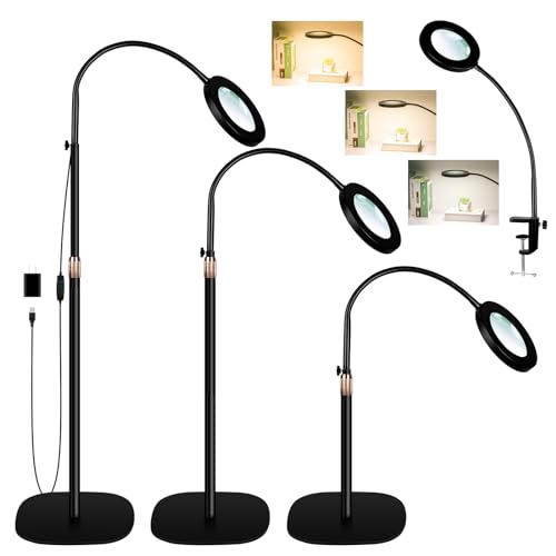 10X Magnifying Glass with Light and Stand,NUEYiO 3-Color Stepless Dimmable LED Magnifying Floor Lamp, 24" Gooseneck Adjustable Swing Arm Lighted Magnifier Lamp with Clamp for Reading Craft Esthetican