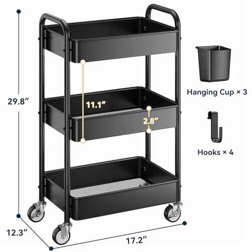 YASONIC 3 Tier Rolling Cart - Metal Utility Cart with Wheels, Hanging Cups, Hooks, Heavy Duty Mesh Rolling Storage Cart Organizer, Craft Cart for Kitchen Office, Lightweight and Sturdy