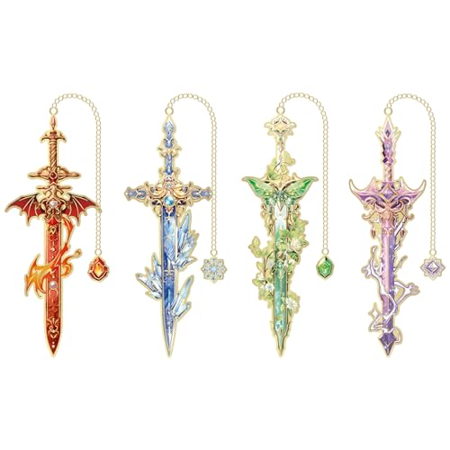 4pcs Fantasy Sword Bookmarks for Books, Journals, Planners - Cool Metal Book Markers for Reading Women & Men, Unique Book Marks Gifts for Book Lovers, Reading Accessories for Students & Adults & Kids