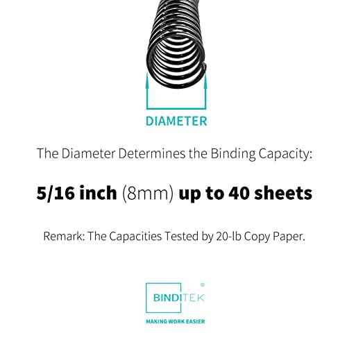 Binditek 100 Pack Plastic Spiral Binding Coils, 8mm(5/16"), 40 Sheet Capacity, 4:1 Pitch, Black, 48Loops, for Letter Size, for Students and Coworkers