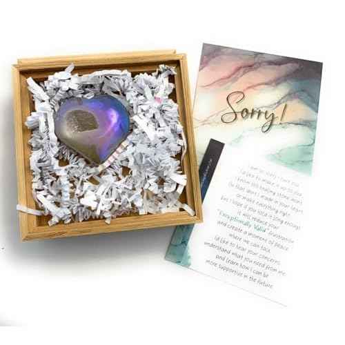 Smiling Wisdom - NEW - Sorry Mini Apology Greeting Card and Matching Palm Heart Keepsake Gift Set - Electroplated Geode Heart