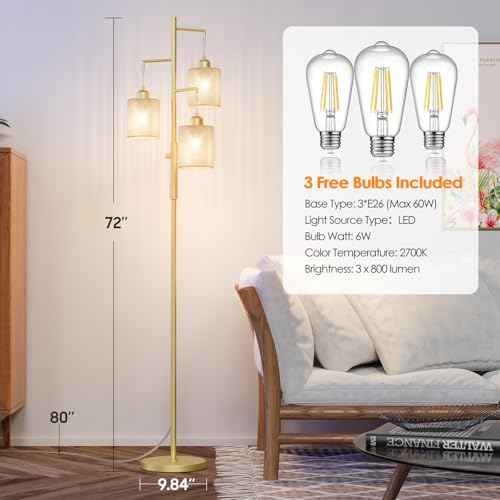 Hotsonic 72" Tall Boho Floor Lamp, Dimmable Standing Lamp with Handcrafted Rattan Beige Shade, Industrial Tree Floor Lamps for Living Room, Bedroom, Study Room, Office(3x800LM LED Bulbs Included)-Gold