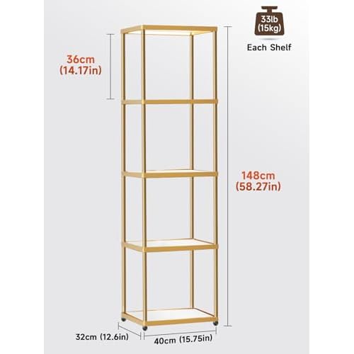 MANBUR Display Shelf with Dimmable LED Floor Lamp, Display Cabinet with Glass Bookcase, Home Decor, Bedroom Decor, Bookshelf with Light, Open Book Shelf with 5-Tier Shelf for Living Room Decor Gold