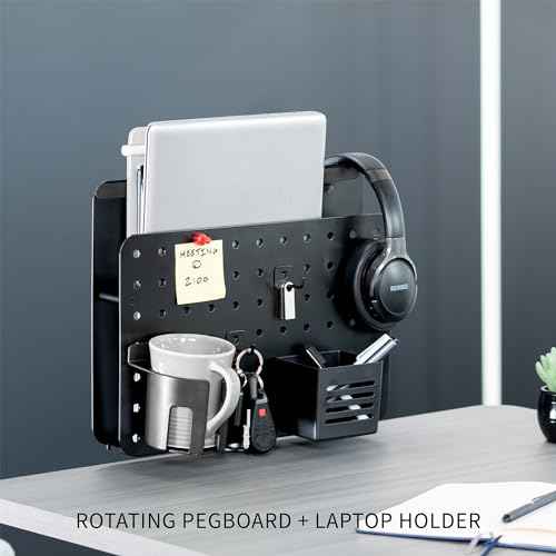 VIVO Steel Clamp-on Rotating Pegboard with Laptop Holder, 14 x 11 inch Magnetic Peg Board, Desk Accessory Organizer, Black, PP-DK02L