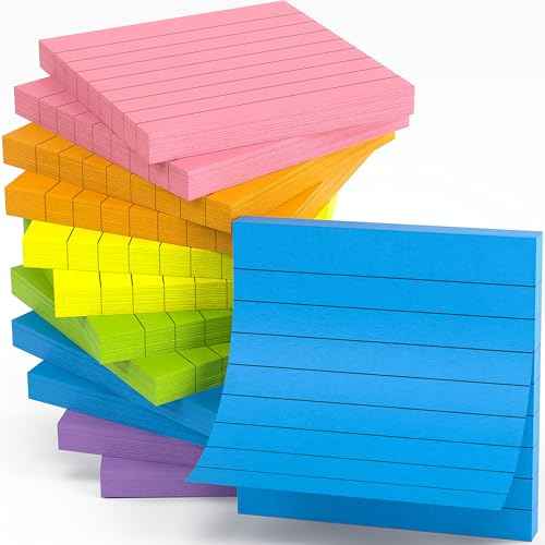12 Pads Lined Sticky Notes - Self-Stick Notes 3x3 Inches - 6 Bright Colors, Smooth Writing, Smart Adhesive - Bulk Easy Post Notes for Office, School, Study, Home