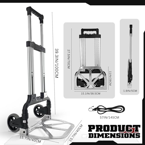 Folding Hand Truck, Portable Heavy Duty Carrying Moving Dolly Cart with 2 Foldable Wheels and Retractable Handle Duty 220lbs (Silver)