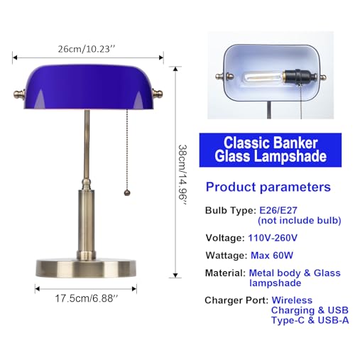 FIRVRE Bankers Lamp with2 USB and Wireless Charging Port£¬Pull Chain Switch Blue Glass Desk Lamp£¬ E26 Base,Traditional Library Desk Lamps for Home Office,Bedroom,Piano